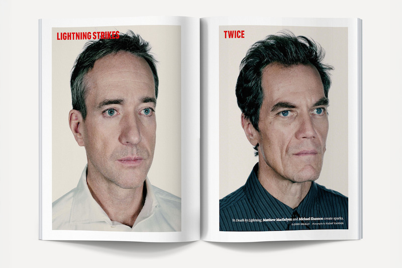 Magazine spread with headshot portraits of two men on white background, text above left photo says "LIGHTNING STRIKES," above right photo says "TWICE." Both appear serious, neutral setting, minimalist layout.