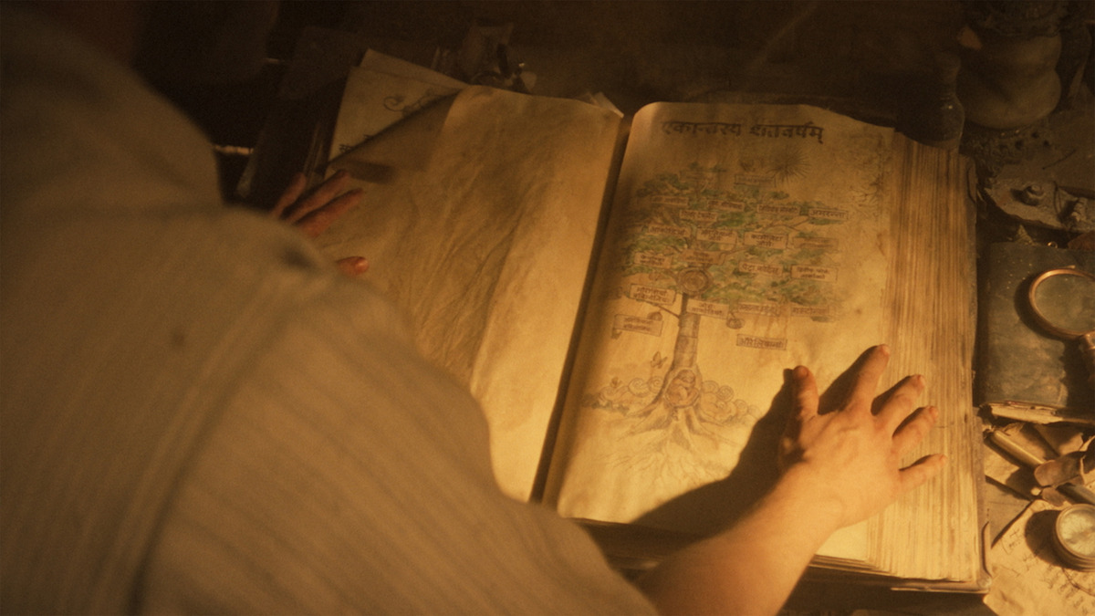 Person reading an old, large, illustrated book at a dimly lit desk, with visible hands on the pages, showing an artistic tree diagram. The setting has an antique, scholarly atmosphere.