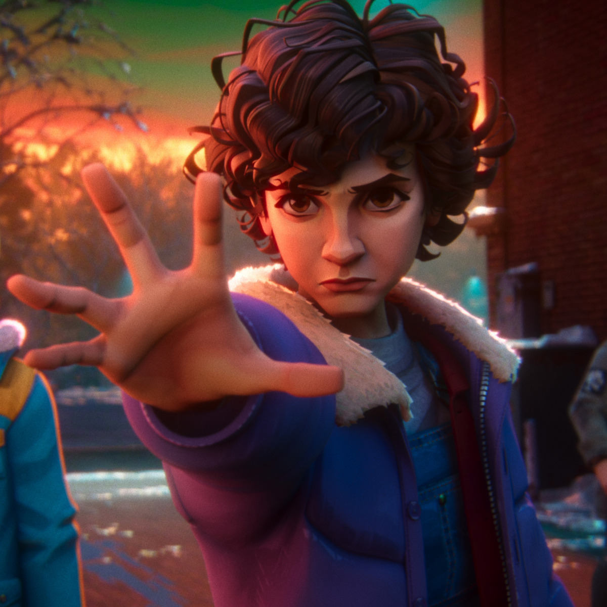 Animated character with curly hair and a serious expression extends hand forward in a dramatic gesture, set against a colorful sunset and urban winter background with other figures partially visible.