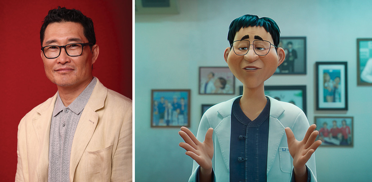Diptych con un tiro en la cabeza de Daniel Dae Kim y un quiebre animado del sanador en 'Kpop Demon Hunters'
