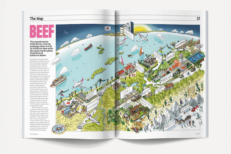 Illustrated map showing airplanes, landmarks, and locations such as Seoul and Ojai, with various labeled buildings and scenery including mountains, ocean, trees, boats, and people, representing a travel-themed magazine spread.