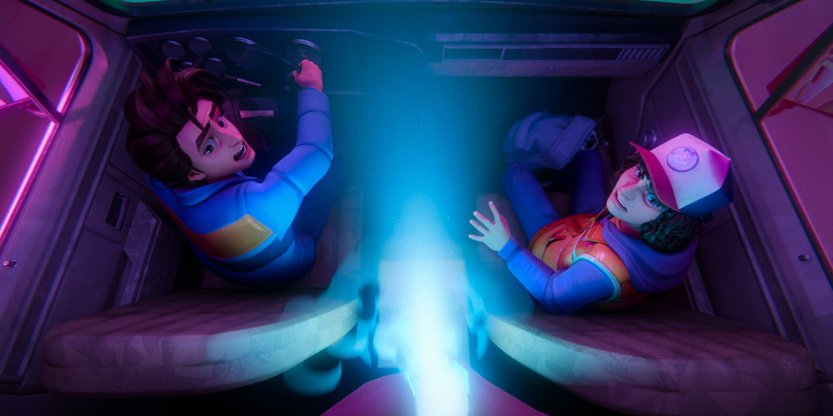 Two characters seen from above sit inside a vehicle with glowing blue light between them, looking up with surprised and fearful expressions.