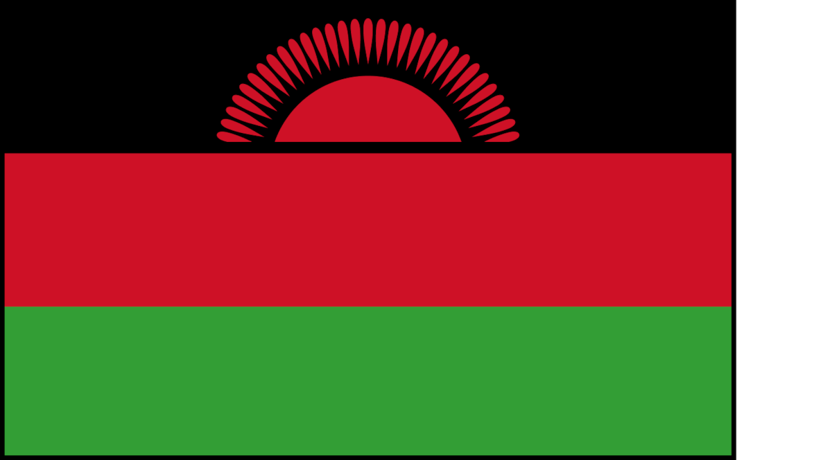 Flag with horizontal black, red, and green stripes and a red rising sun with rays centered on the black stripe at the top. This is the national flag of Malawi.