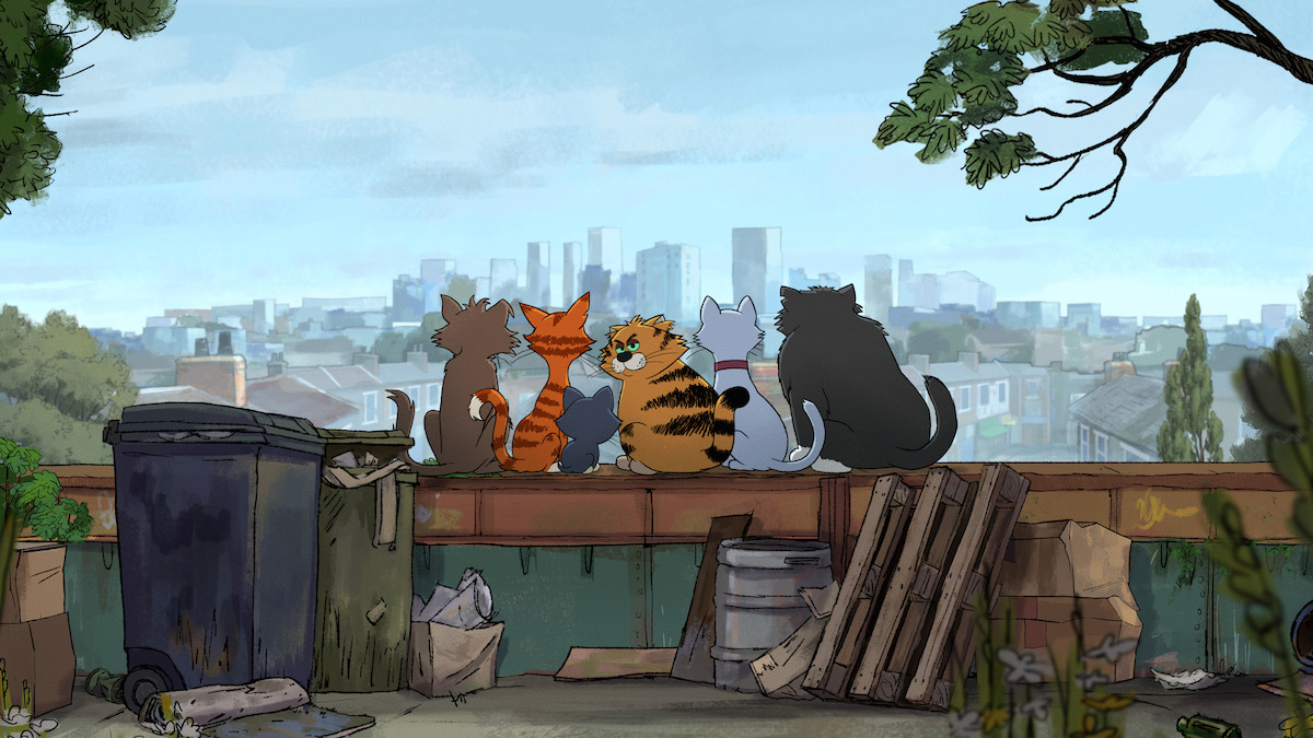 Five cartoon cats sit on a rooftop surrounded by trash cans and wooden pallets, overlooking a city skyline under a blue sky with scattered clouds and tree branches framing the scene.