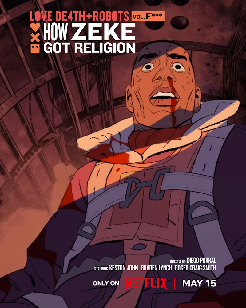 Key art for the episode "How Zeke Got Religion" in 'Love, Death + Robots' Volume 4 featuring an animated character with a frightened expression. 