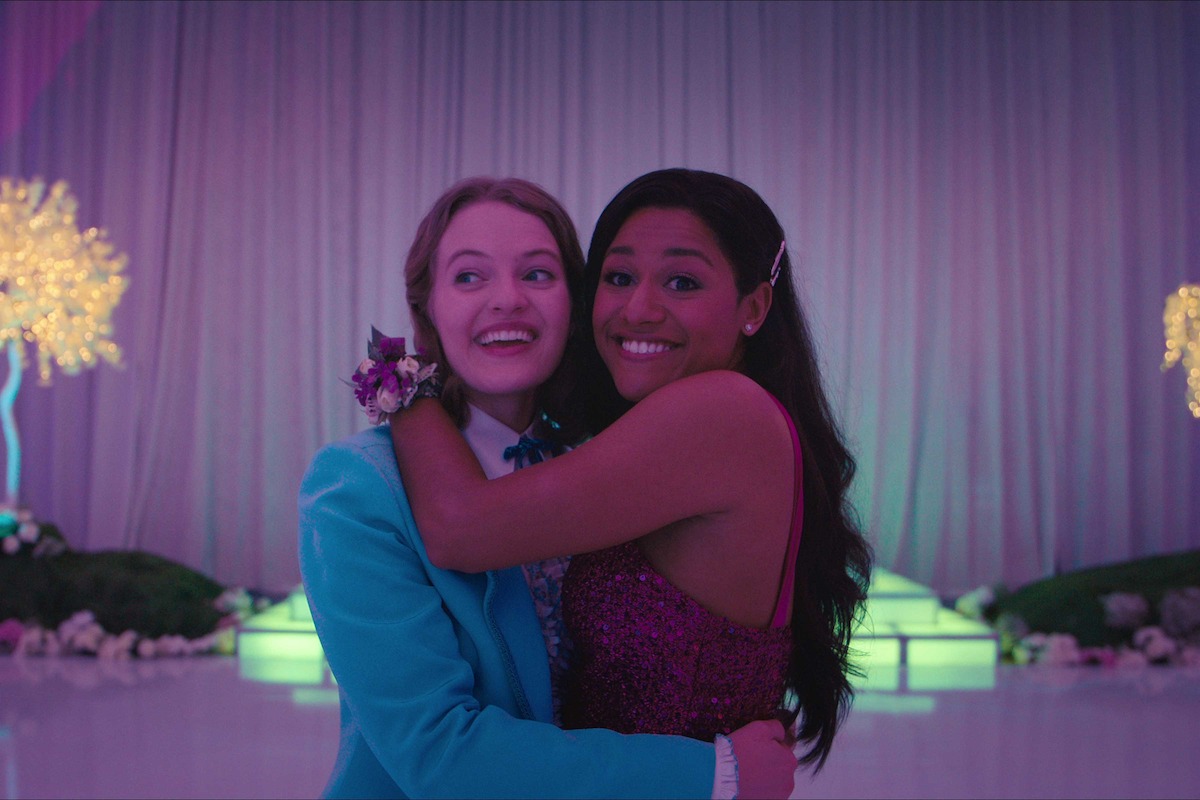 Jo Ellen Pellman as Emma Nolan and Ariana DeBose as Alyssa Greene embrace in ‘The Prom.’