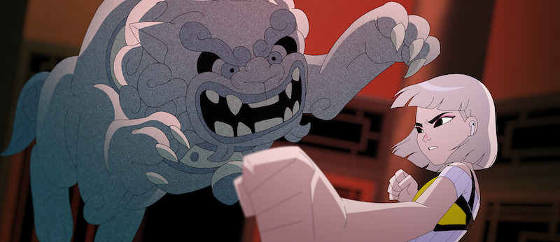 Ali Wong as Jentry battles a large gray demon in 'Jentry Chau vs. the Underworld'