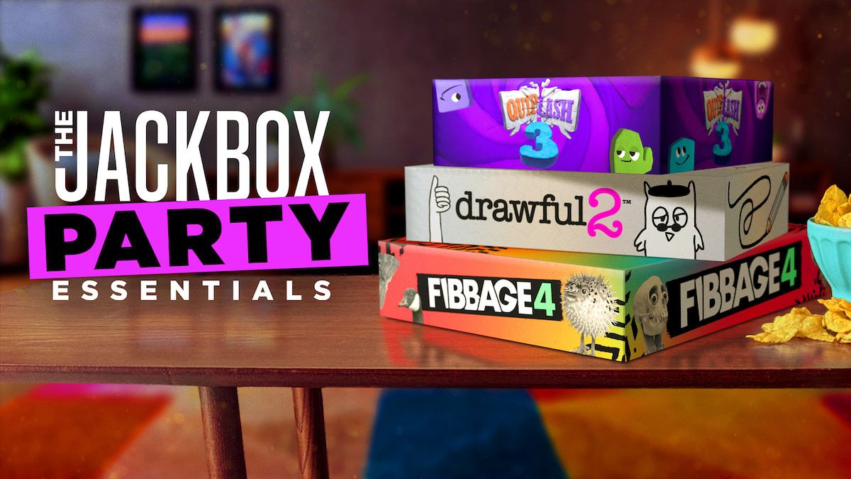A stack of Jackbox Party game boxes on a wooden table in a cozy, warmly lit living room with snacks nearby and wall art in the background. Text reads "The Jackbox Party Essentials."