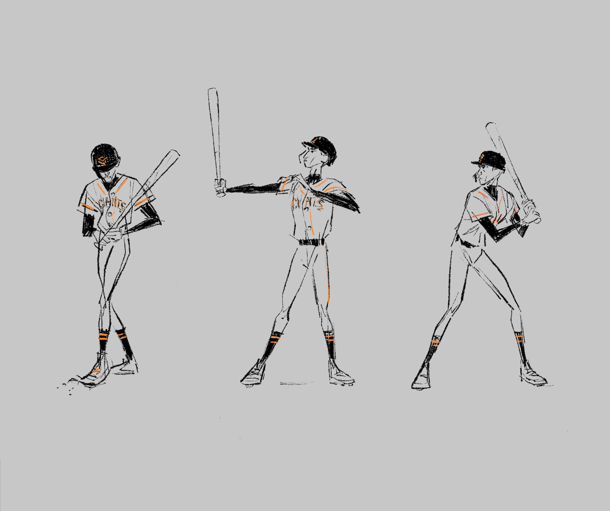 Sketches of Ken Sato in his baseball uniform.
