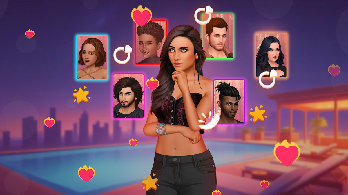 Illustrative artwork for the mobile game 'The Ultimatum: Choices', featuring a woman considering her romance options.