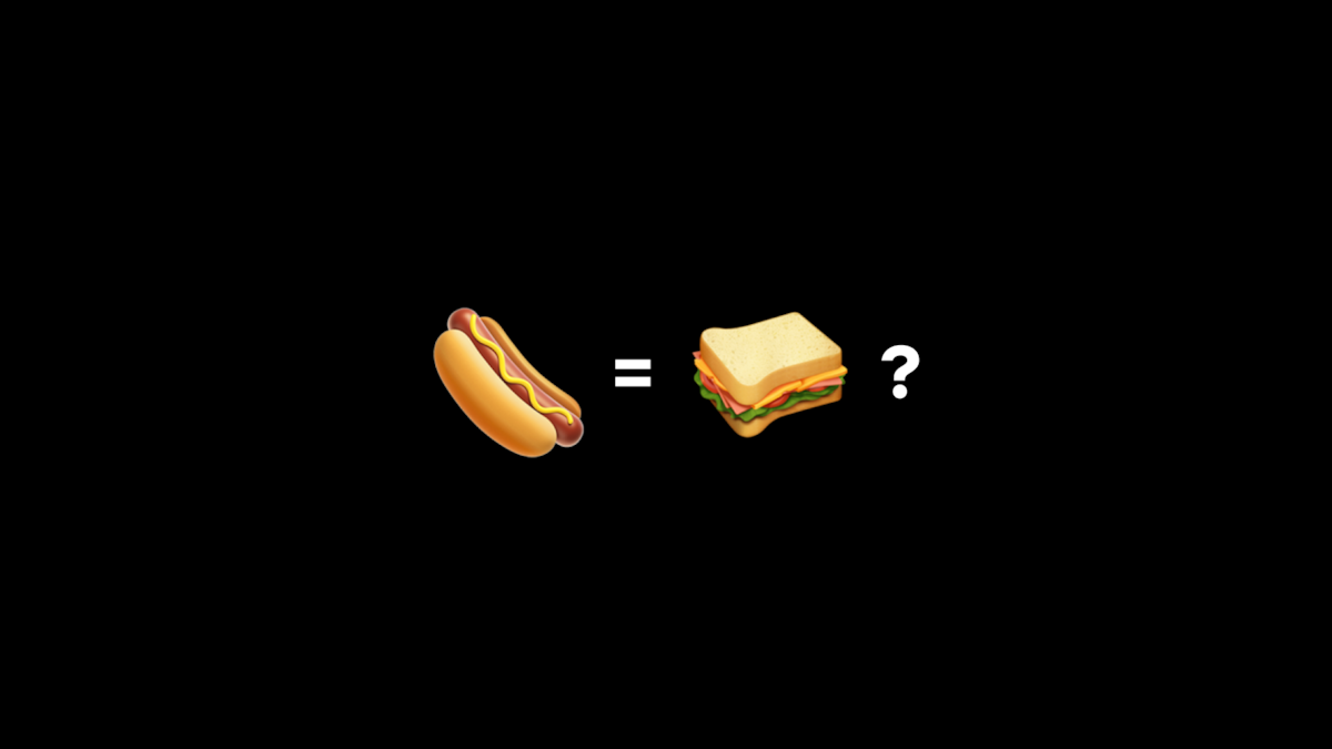 Hot dog emoji, an equal sign, a sandwich emoji followed by a question mark.