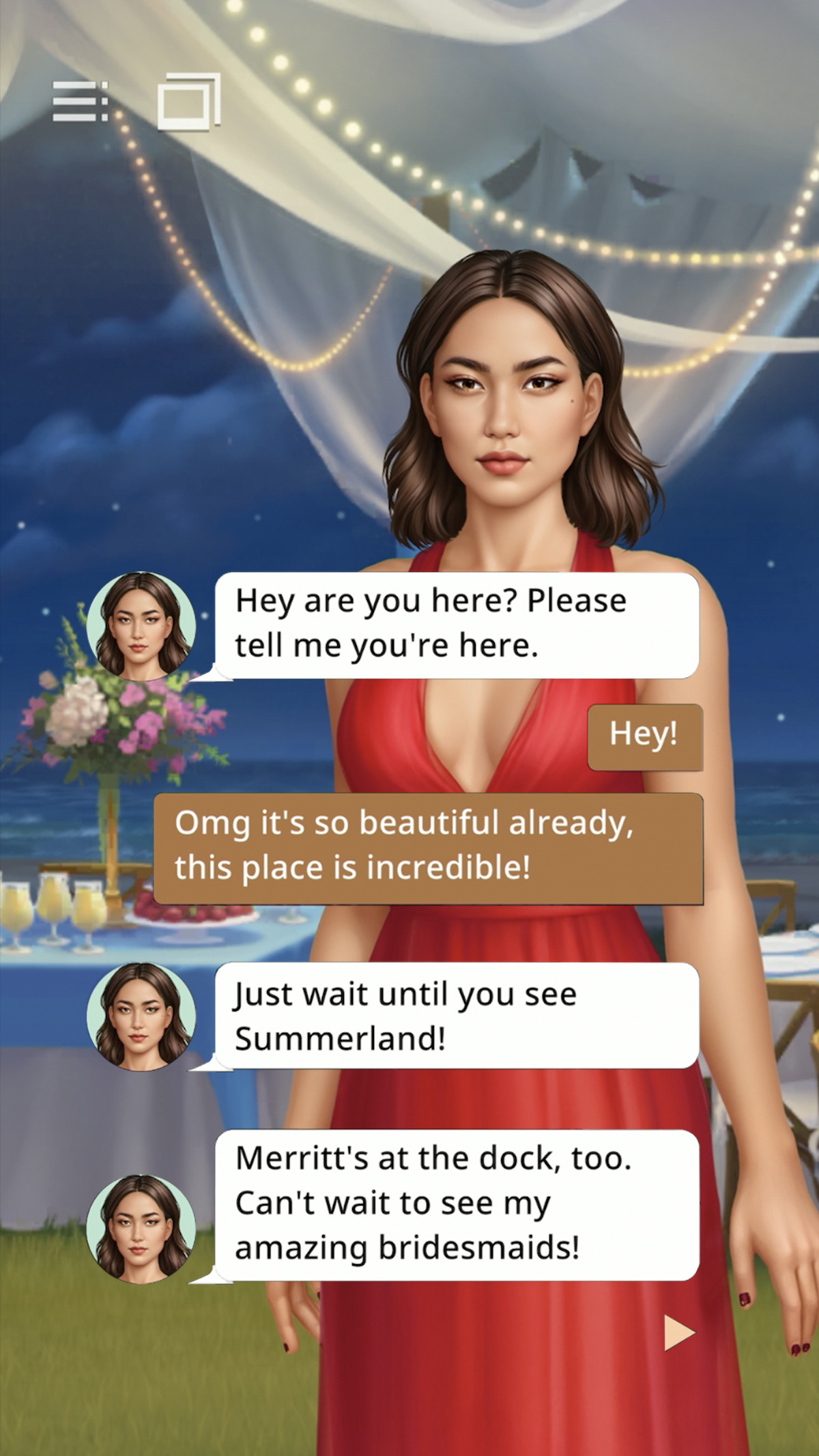 An in-game screenshot from the mobile game ‘Netflix Stories: The Perfect Couple’, featuring a woman in a red dress. There is a conversation on the page in text bubble format.