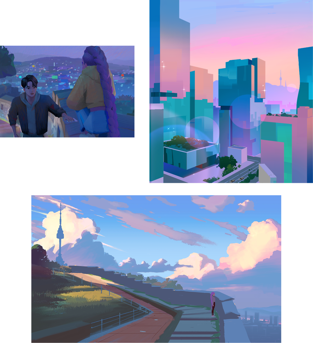Two people talking at night on a city overlook, a pastel-colored futuristic cityscape at sunset, and a person walking a scenic path toward a city under a sky with fluffy clouds and a tall tower.