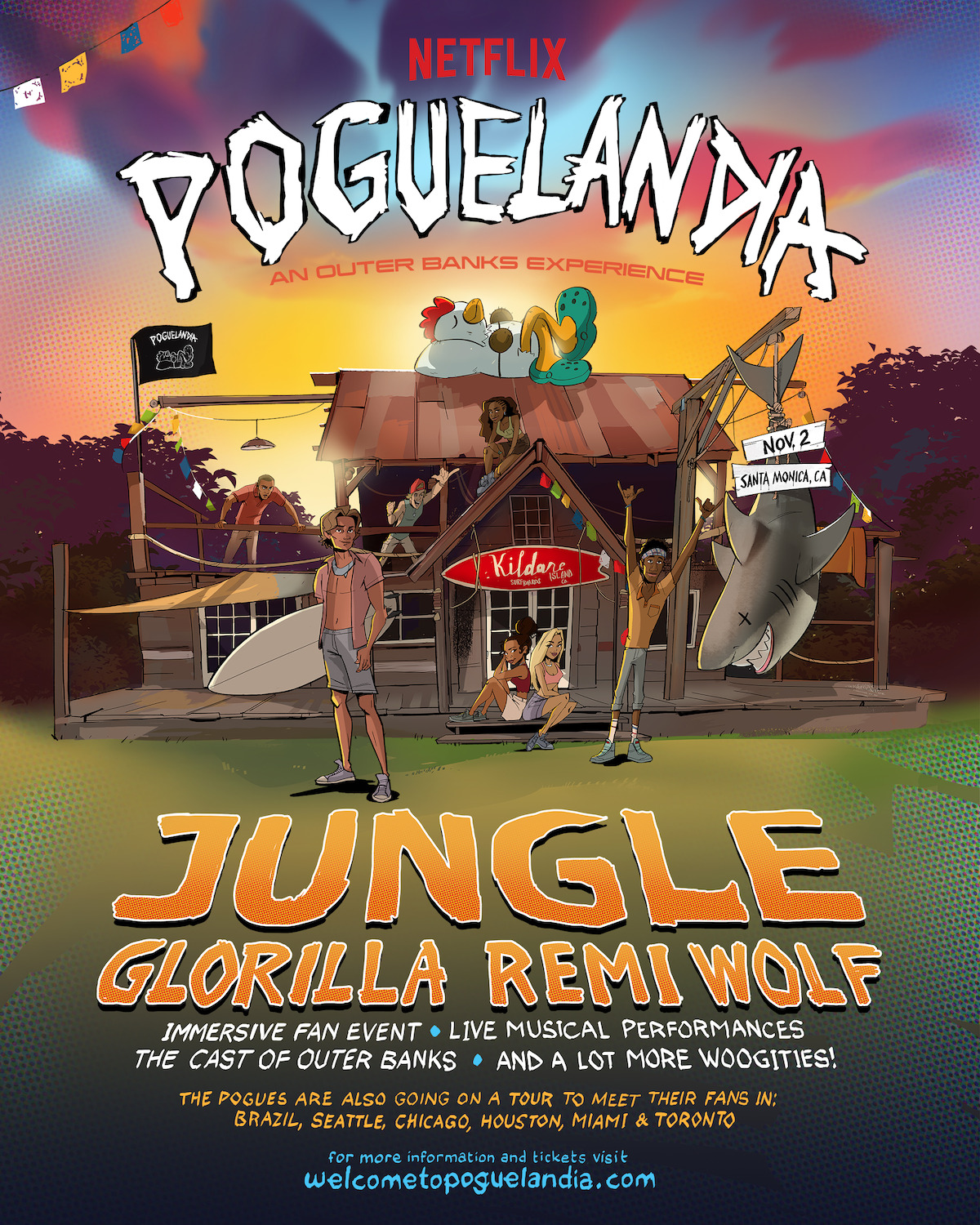 Lineup Poster for Poguelandia: An Outer Banks Experience featuring Jungle, GloRilla, and Remi Wolf