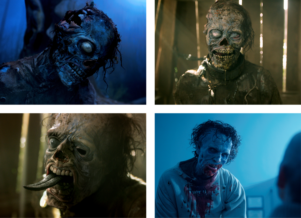 Grid of four images of Owen Painter as Slurp in ‘Wednesday’ Season 2.