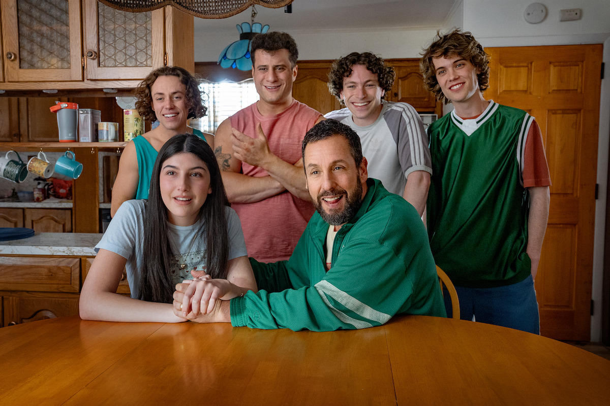 Sunny Sandler as Vienna, Adam Sandler as Happy Gilmore, Ethan Cutkosky as Wayne, Maxwell Jacob Friedman as Gordie, Philip Schneider as Bobby and Conor Sherry as Terry in ‘Happy Gilmore 2’