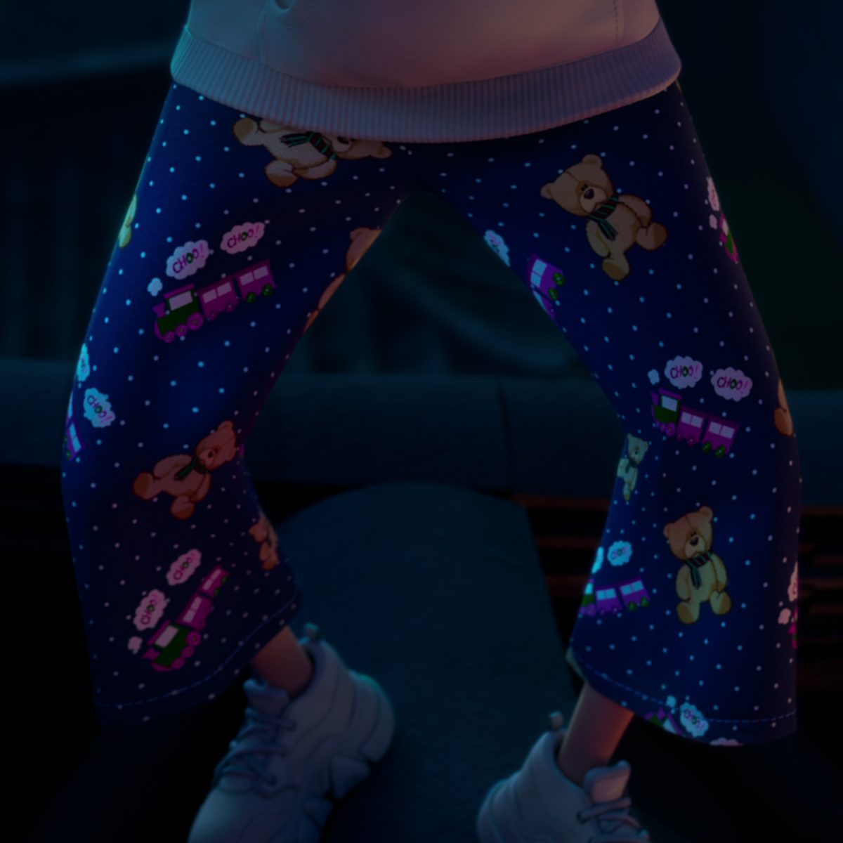 Rumi wearing leggings with trains and bears in ‘KPop Demon Hunters’