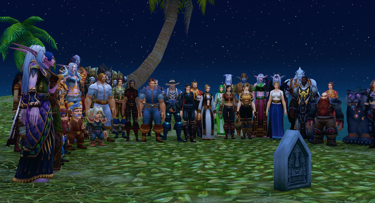 A group of Ibelin Redmoore's friends stand around his gravestone and honor him in a dark field.