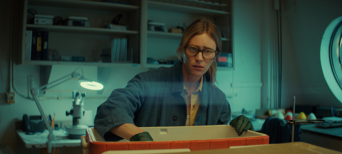 A woman wearing glasses and gloves works in a laboratory, reaching into a container on a counter, surrounded by scientific equipment and shelves in a well-lit room.