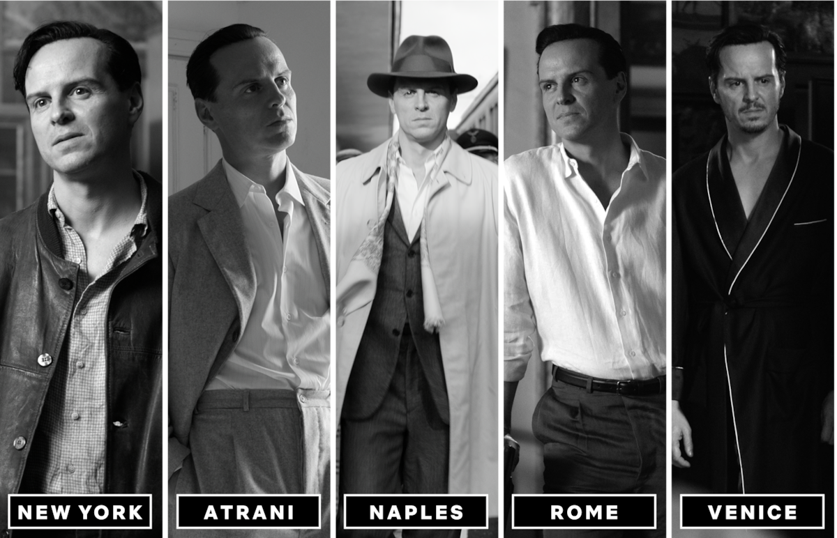 Andrew Scott as Tom Ripley in five different looks in New York, Atrani, Naples, Rome, and Venice