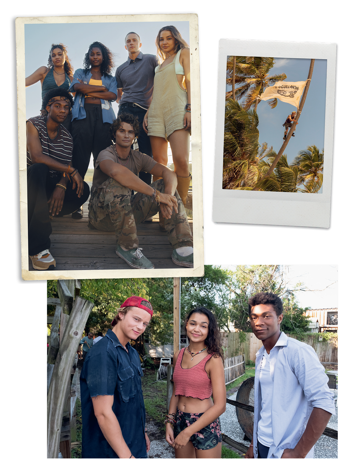 Three photos of a group of young friends, posing indoors, sitting by a colorful mural outside, and paddling on surfboards in the water under a cloudy sky, with a film microphone visible in one scene.