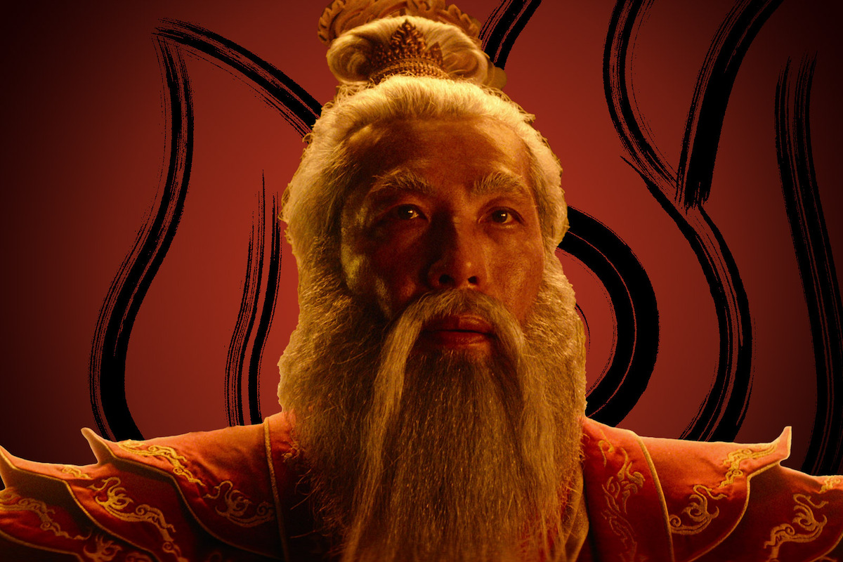 Hiro Kanagawa as Fire Lord Sozin wears red robes with gold embroidery in season 1 of ‘Avatar: The Last Airbender’