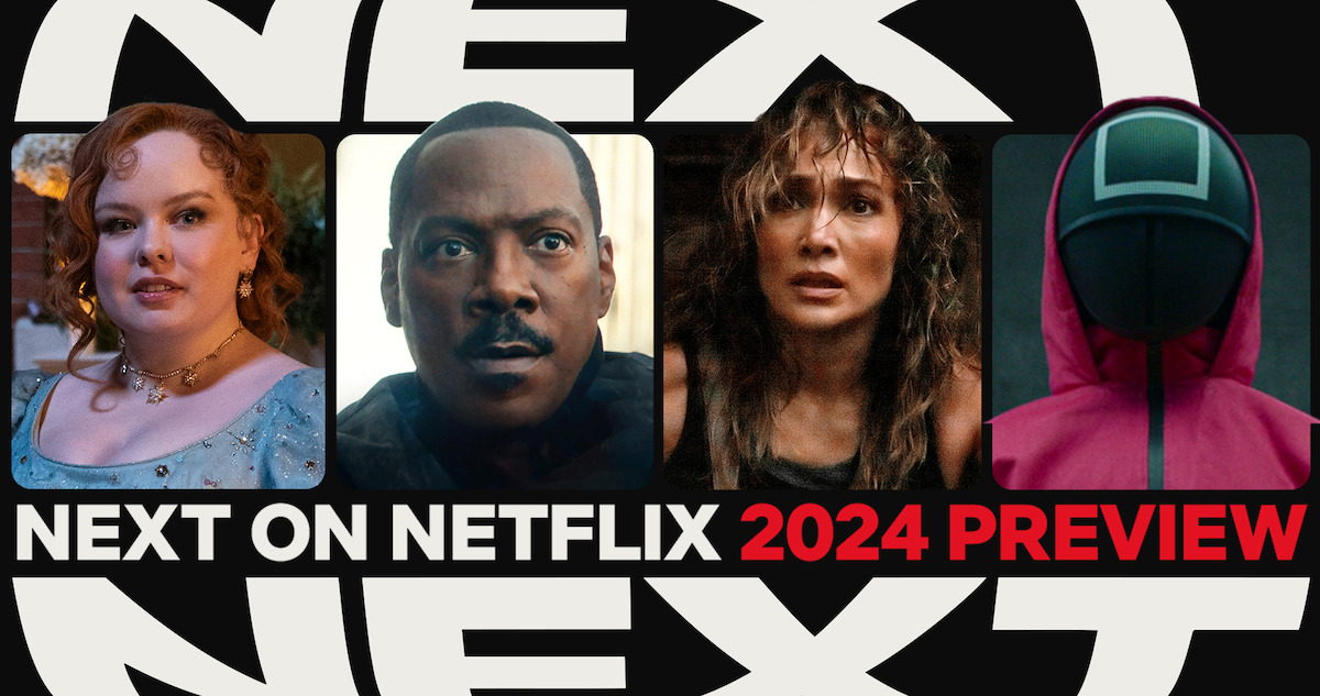 Next on Netflix 2024 Preview illustration with Nicola Coughlan, Eddie Murphy, J.Lo and a Squid Game Guard