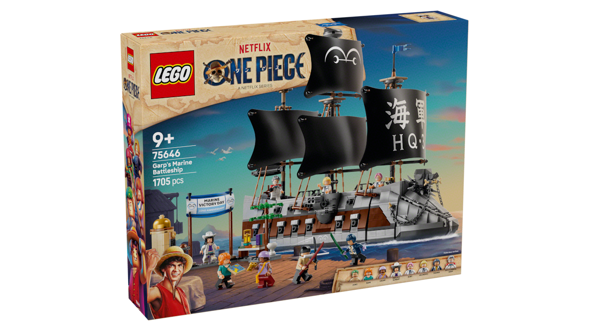 LEGO ONE PIECE Netflix Garp’s Marine Battleship set box, showing detailed ship with black sails, dockside setting, and several One Piece minifigure characters in a vibrant animated harbor environment, for ages 9 and up.