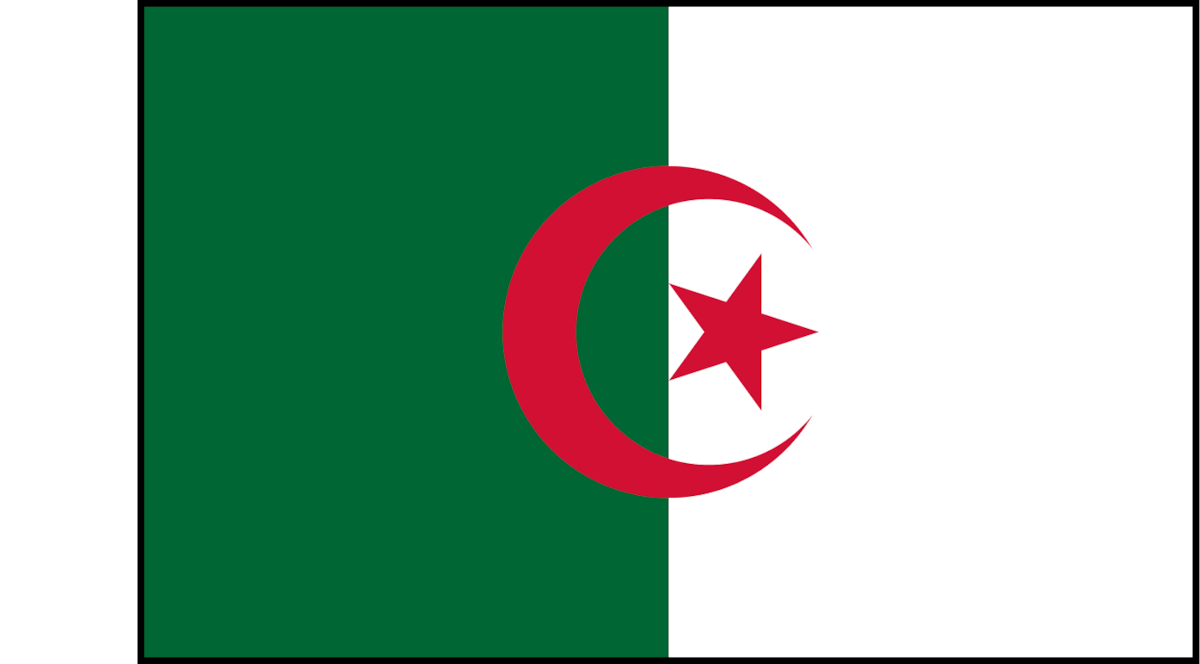 Flag of Algeria with two vertical stripes, green and white, featuring a red crescent and five-pointed star centered.