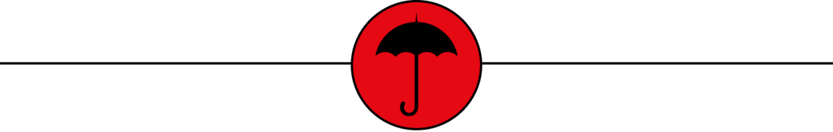 Graphical icon of a black umbrella in a red circle