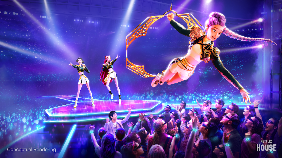 Animated concert scene featuring two performers singing on a neon-lit stage and an acrobat with purple hair performing above a lively, cheering crowd in a vibrant, futuristic arena with dramatic lighting effects.