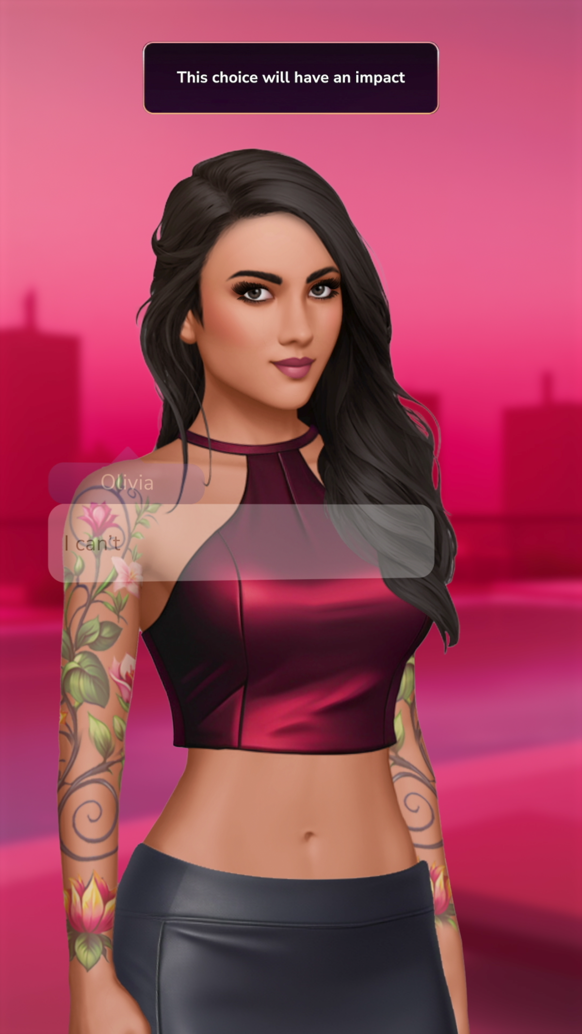 Game screenshot from the mobile game ‘The Ultimatum: Choices,’ featuring a woman and some text above that reads: “This choice will have an impact.”