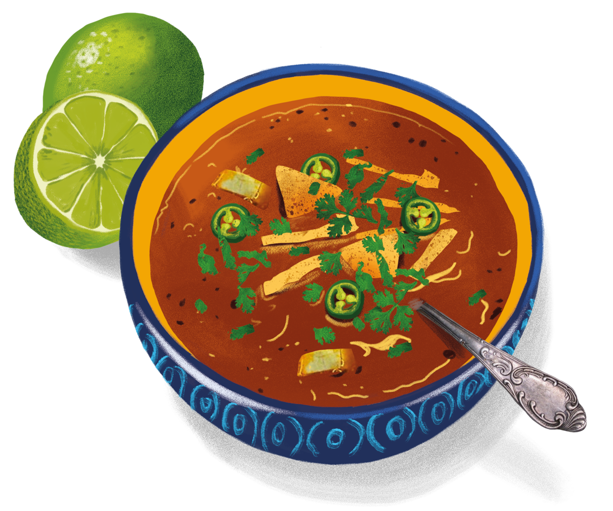Bowl of tortilla soup topped with tortilla strips, jalapeños, and cilantro, garnished with limes on the side, in a colorful decorative bowl with a silver spoon.
