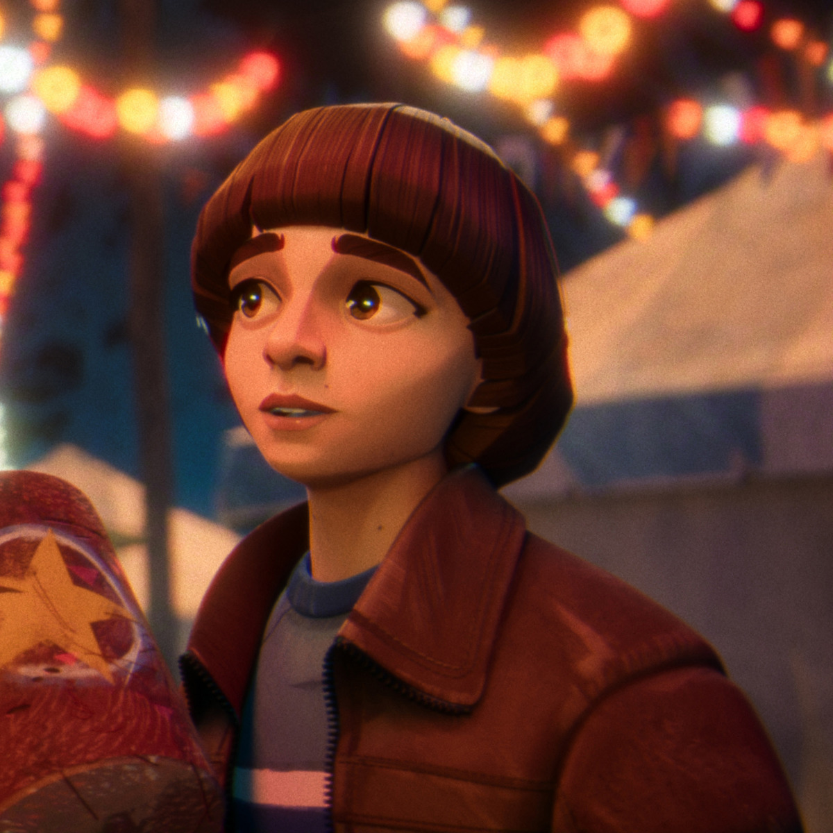Animated boy with brown hair and a red jacket looks up under colorful festival lights, with tents and a festive nighttime environment in the background.