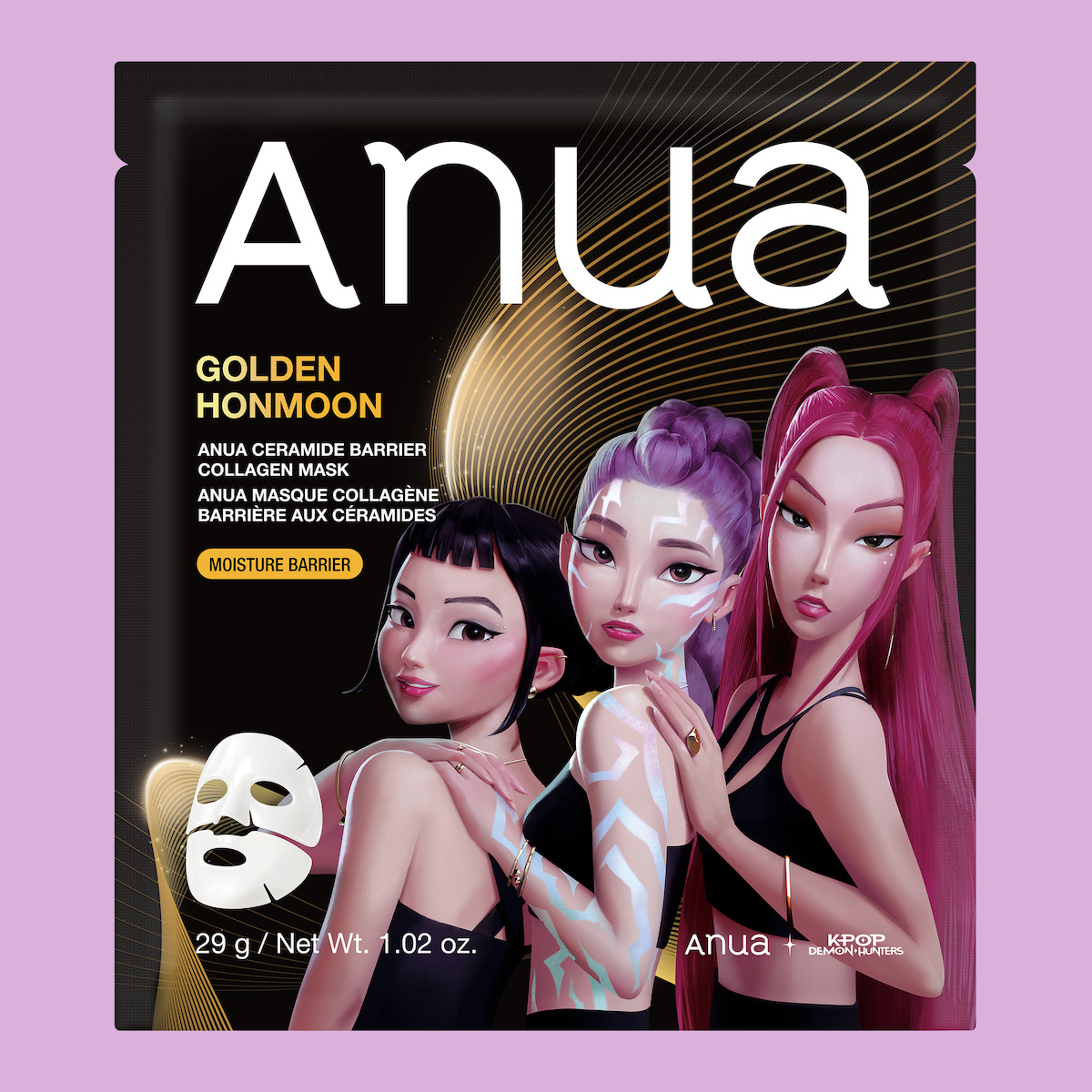 Three animated women with vibrant hair and futuristic makeup pose closely together on a black and purple package of Anua Golden Honmoon ceramide barrier collagen mask, with a facial mask illustration and product details visible.