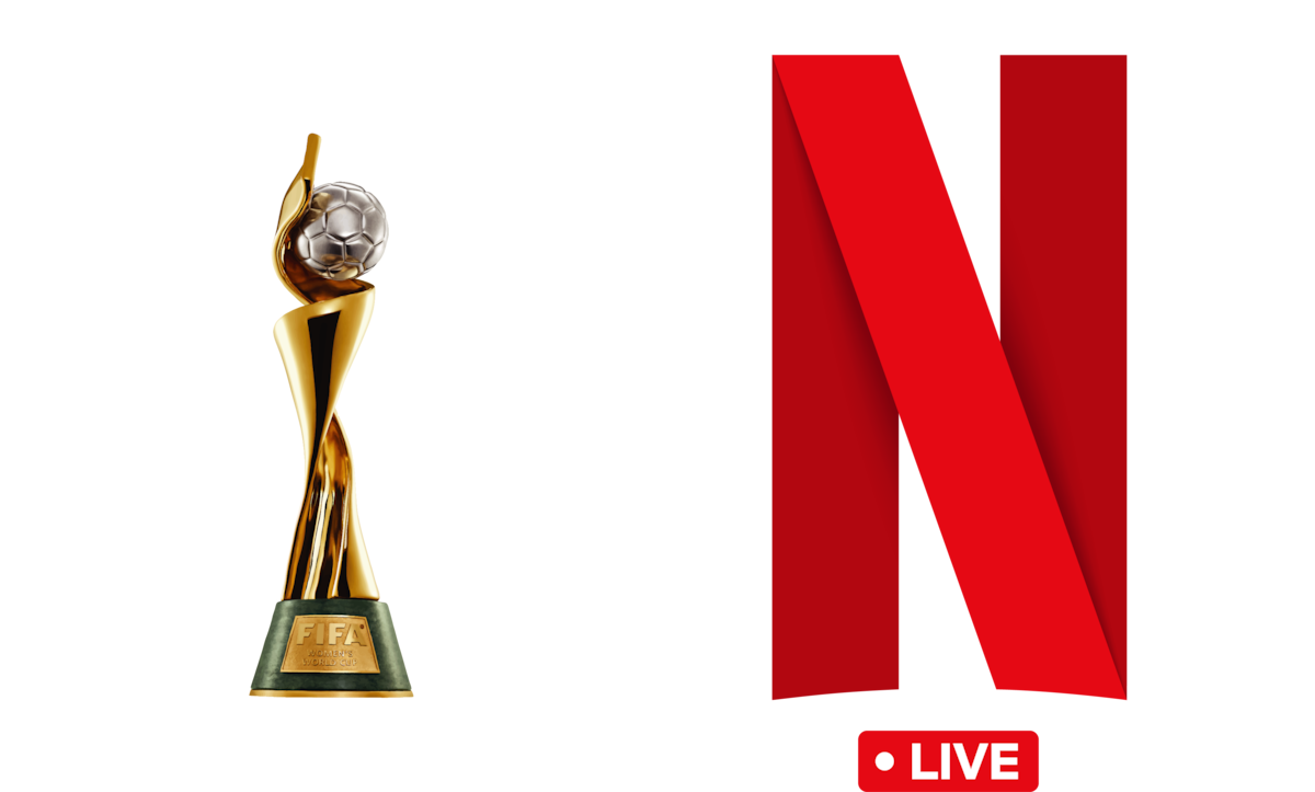 FIFA trophy in front of stylized white background on left, with Netflix logo and "LIVE" icon on right side, representing streaming of a FIFA event on Netflix.