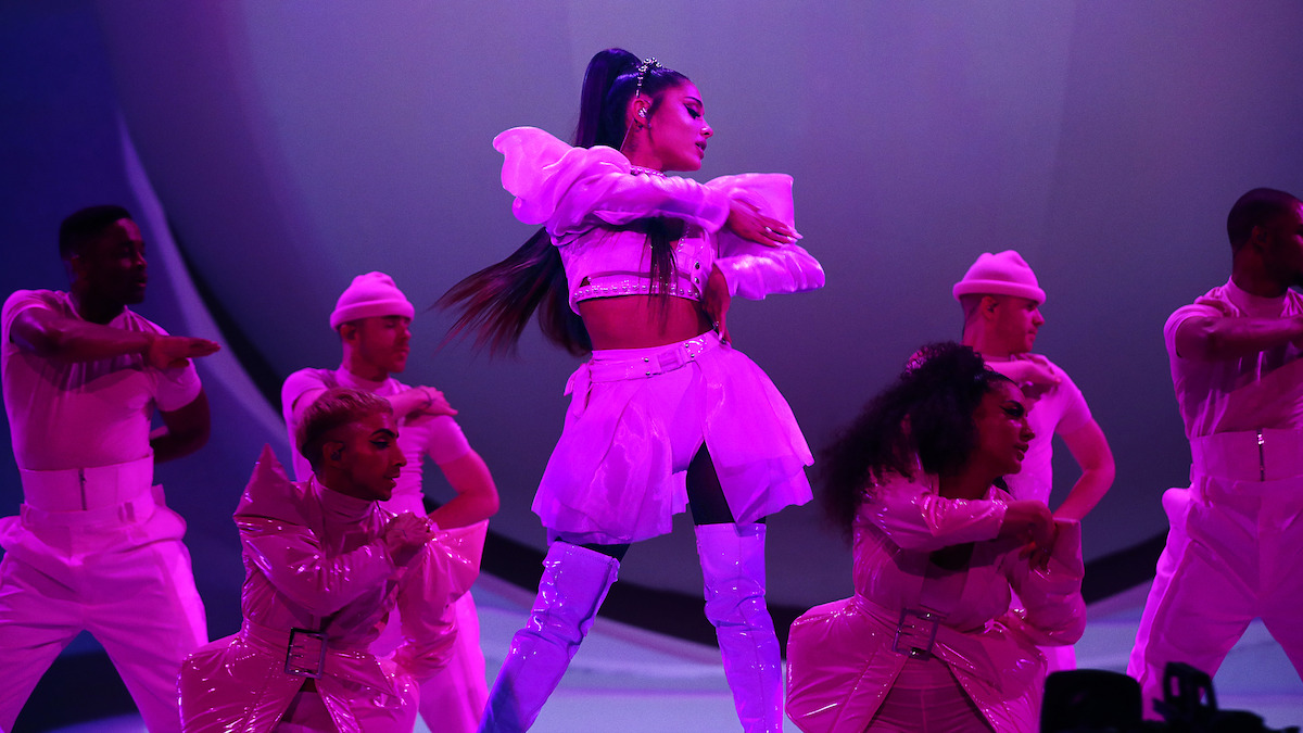 Ariana Grande with her background dancers in ‘ariana grande: excuse me, i love you.’