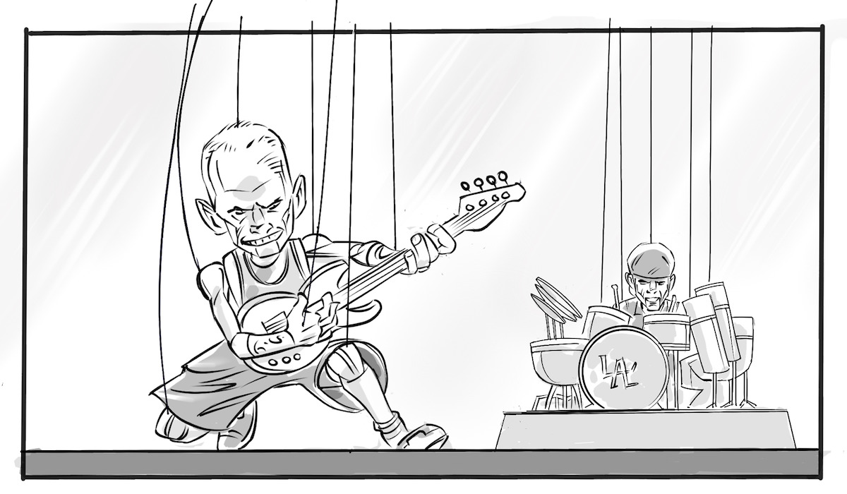 Storyboard sketch of the puppet versions of Flea and Chad Smith playing their instruments on stage.