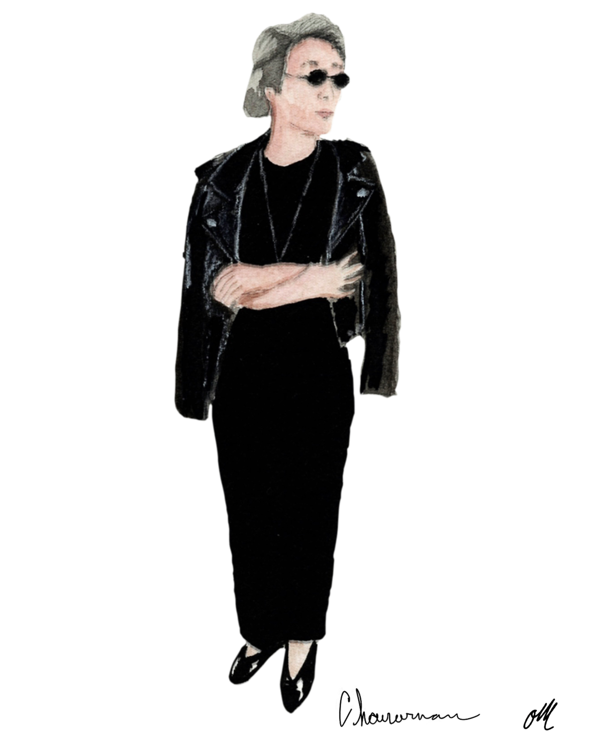 Illustration of a person with gray hair wearing sunglasses, a black leather jacket, long black dress, and black shoes, standing with arms crossed.