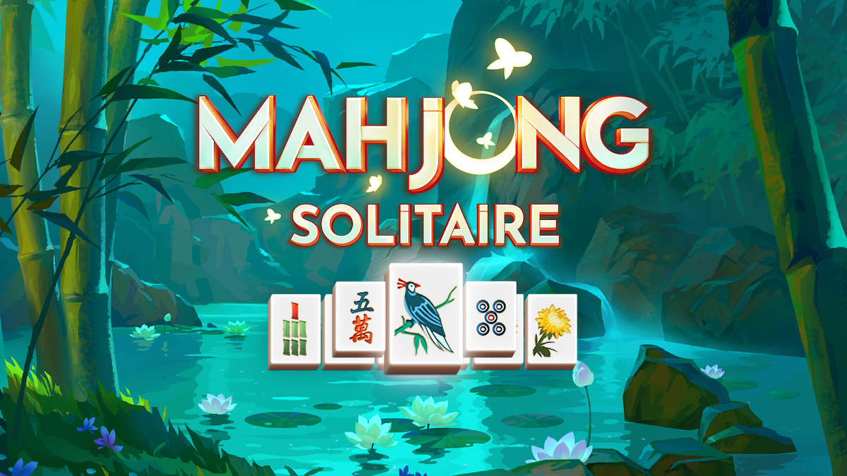 Mahjong Solitaire key art - Mahjong tiles in front of a swamp scene.