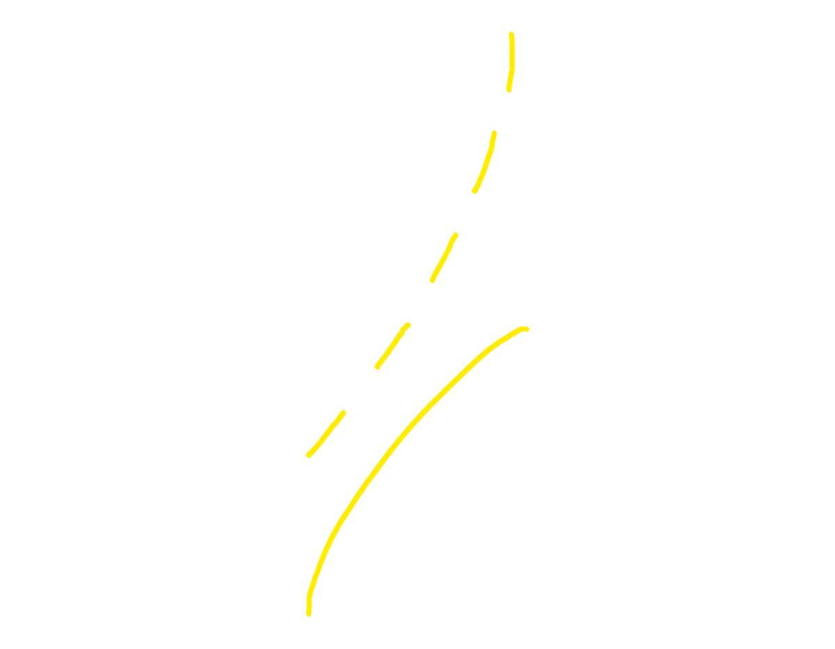 Simple drawing showing solid and dashed curved yellow lines on a black background, resembling abstract or stylized road markings or path dividers.