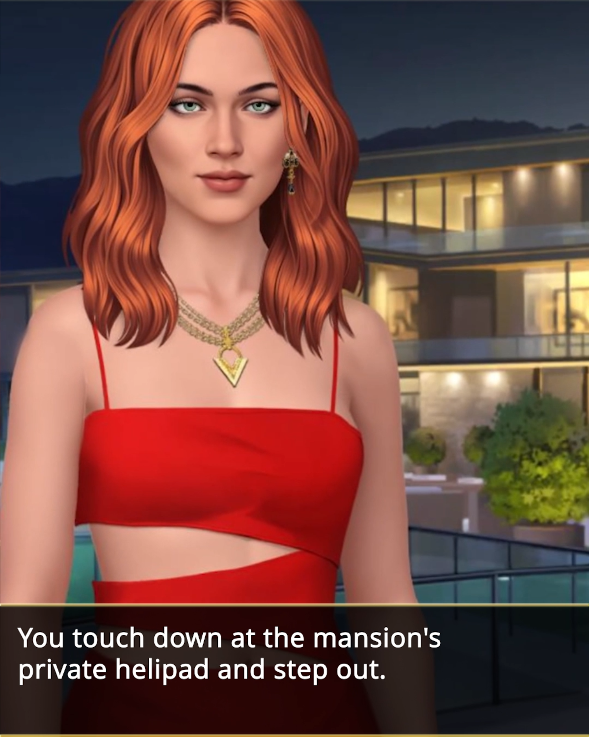 An in-game screenshot for the mobile game ‘Netflix Stories: Selling Sunset’, featuring a woman in front of a luxurious property and the text “You touch down at the mansion’s private helipad and step out”.