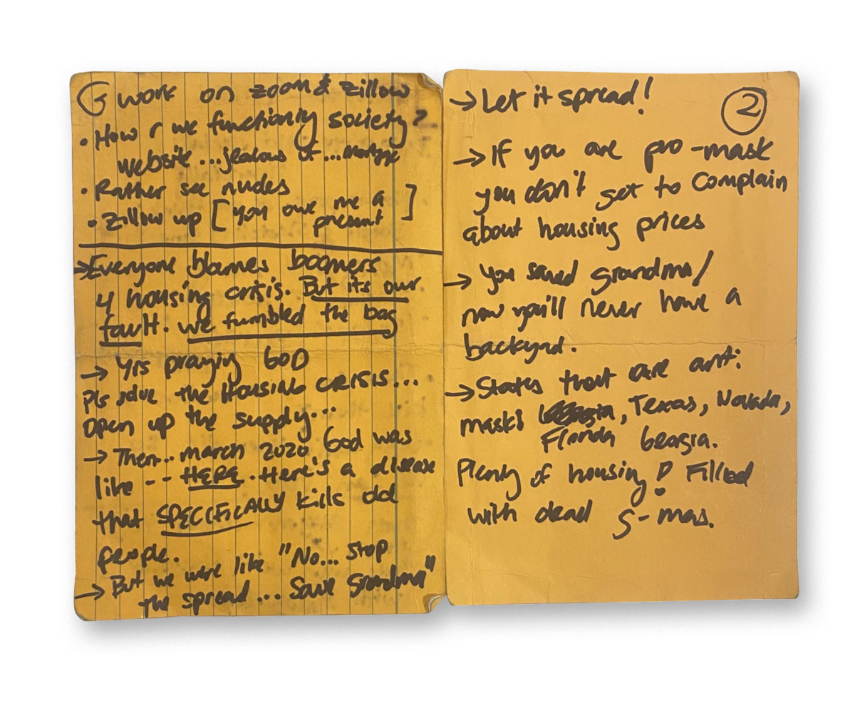 Minhaj’s “Zillow” handwritten notes on yellow index cards