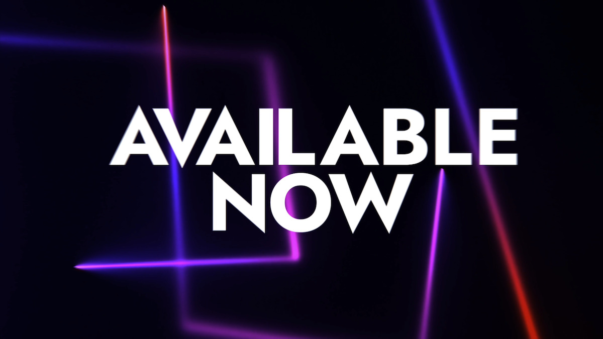 Bold white text "AVAILABLE NOW" centered on a dark background with glowing neon lines in purple, pink, and orange, creating a vibrant, energetic, and modern atmosphere.