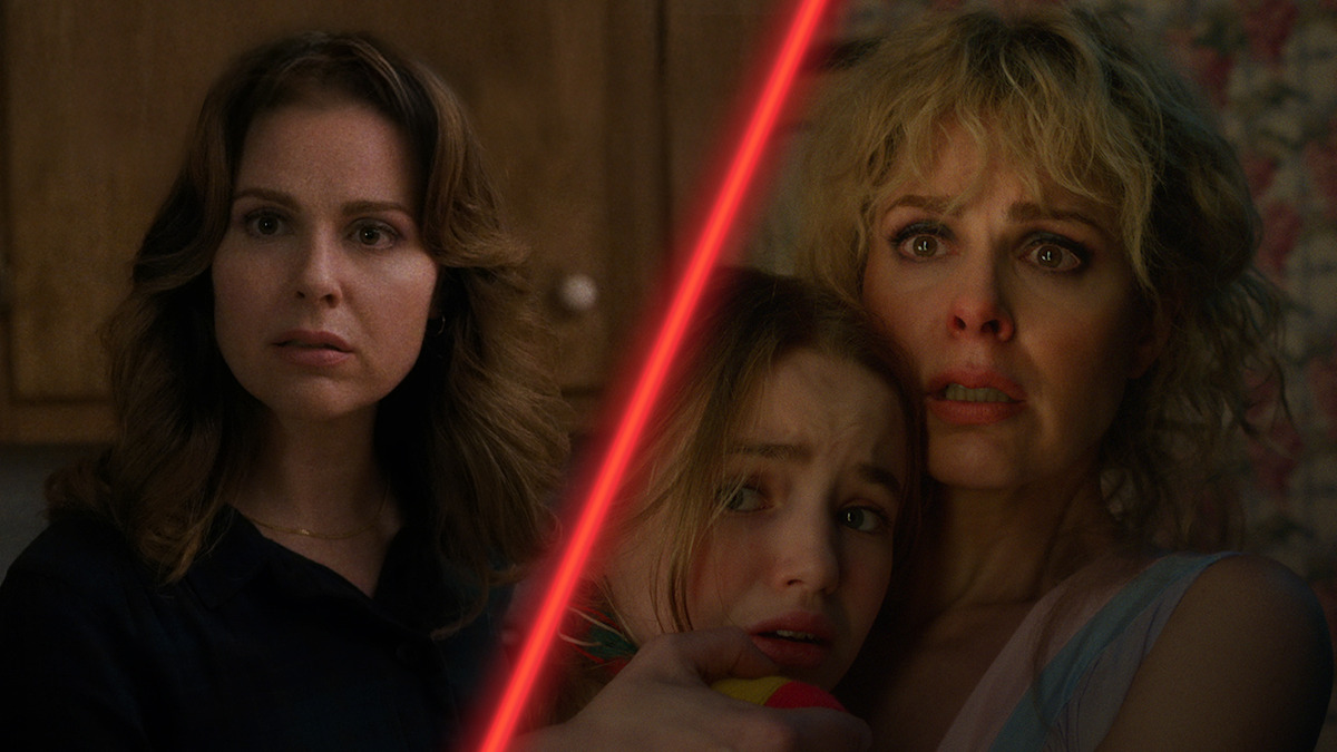 Diptych of Cara Buono as Karen Wheeler in ‘Stranger Things’ Season 1 and Season 5.