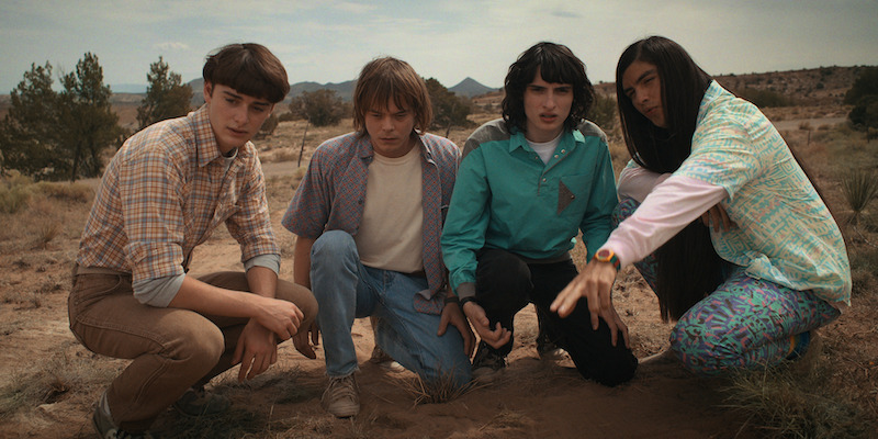 From left: Schnapp as Will, Heaton as Jonathan, Wolfhard as Mike and Franco as Argyle in Stranger Things Season 4, Volume 2 - See Over 100 Photos From ‘Stranger Things’ Season 4 Volume 2