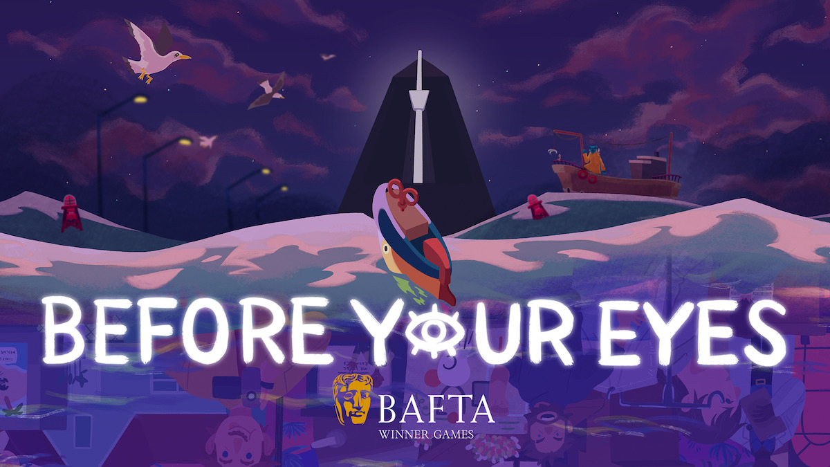 Before Your Eyes key art - a view of a sea with fish, people, birds and other things floating on the cartoon water.