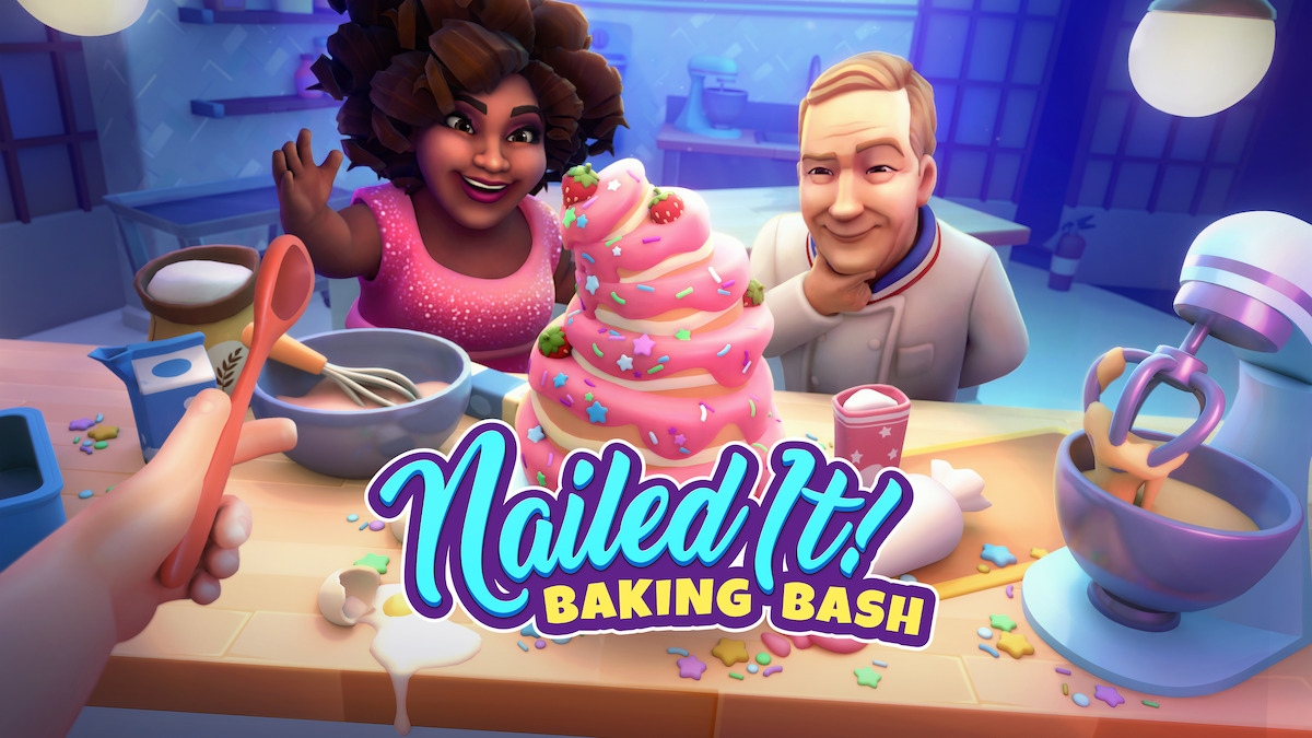 Nailed It! Baking Bash - two characters from the game in front of an extravagant cake