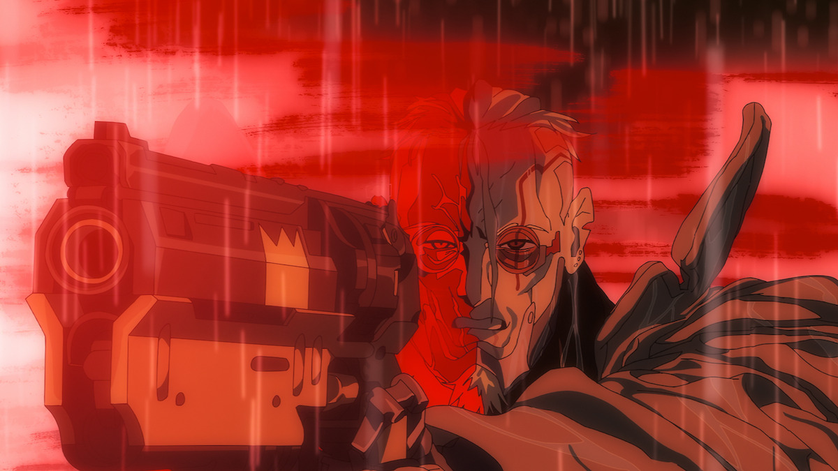 Animated cyborg with facial scars aiming a large futuristic gun in a red-tinted rainy environment, dramatic lighting and intense cyberpunk atmosphere.