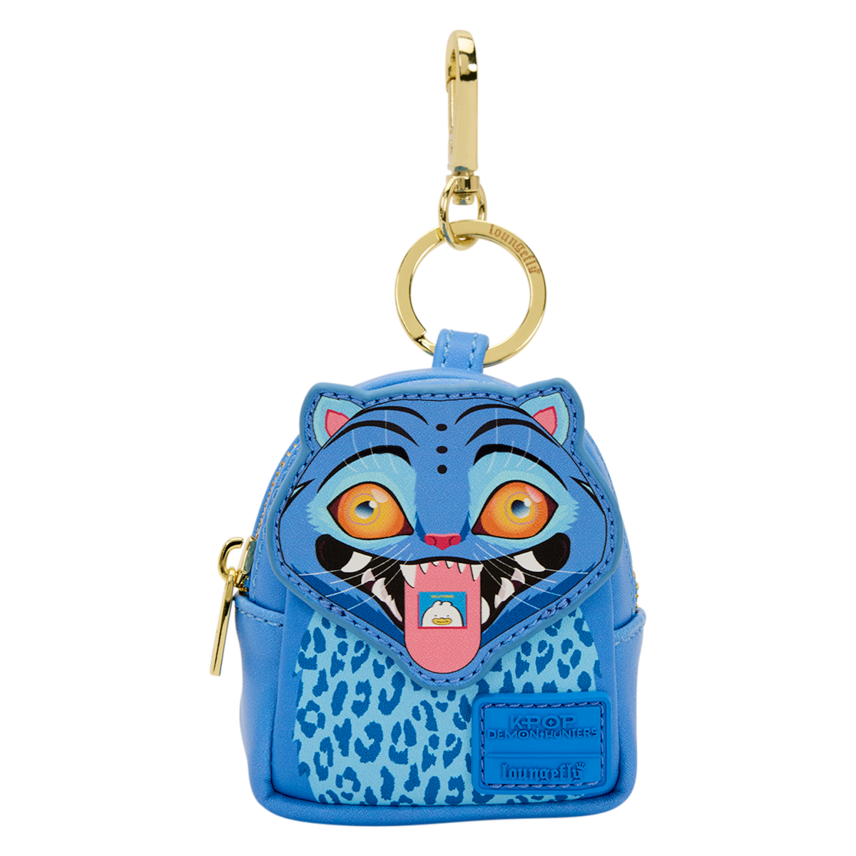 Small blue leopard-print bag shaped like a Derpy's face, featuring bright colors, orange eyes, and a gold keyring clip.